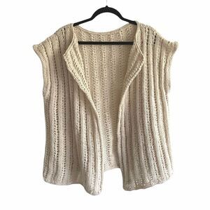 HAND KNIT Chunky Knit Wool Oversized Sleeveless Cardigan Vest Sweater Cream L